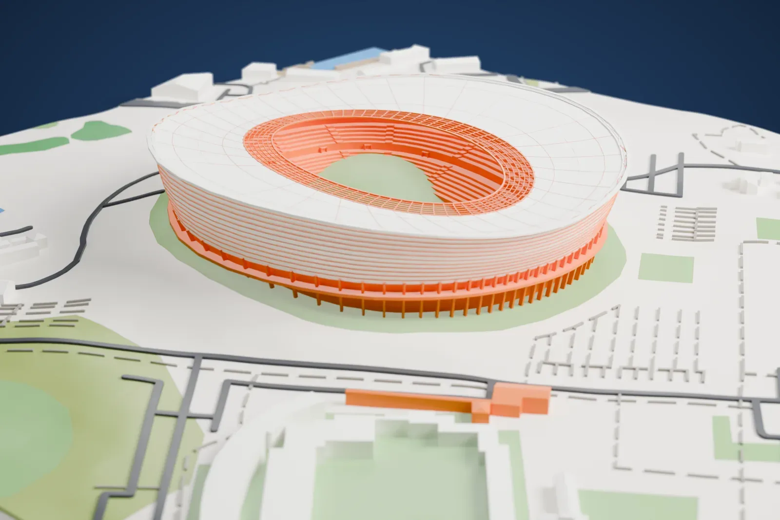 A white 3D print of Cape Town Stadium, an oval bowl with a wide ring roof and a ring of slim columns, standing in open parkland with roads and a few small buildings around it.