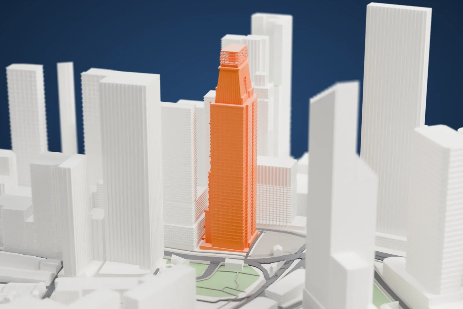 A white 3D print of Capital Tower, a tall tower with a tapering upper body and an open frame at its top, among surrounding high-rise buildings.
