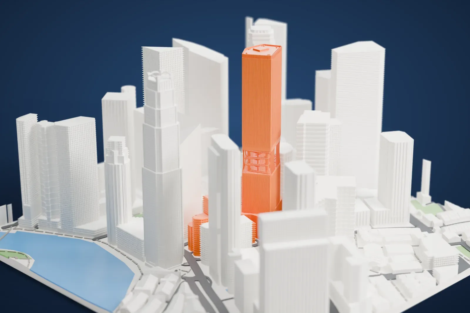 A white 3D print of CapitaSpring, a tall tower with angled corners and an open lattice band partway up, among dense neighboring towers.