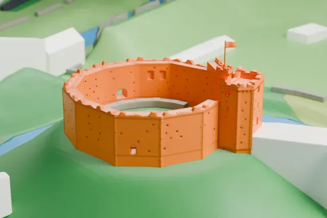 A white 3D print of the shell keep of Cardiff Castle, a battlemented ring wall with a tower and flag on one side, set on a green mound with gray castle walls behind it.