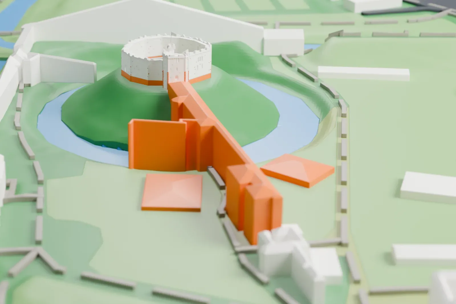 A white 3D print of the shell keep of Cardiff Castle, a battlemented ring wall with a tower and flag on one side, set on a green mound with gray castle walls behind it.
