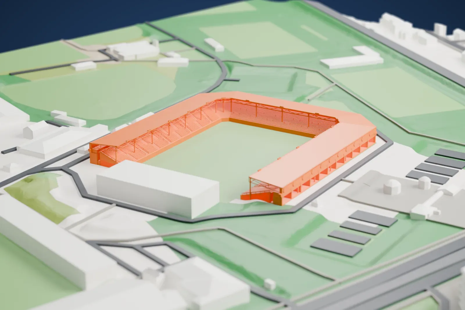 A white 3D print of Carl-Benz-Stadion, with three shallow connected roofs over open terraces, among the surrounding city.