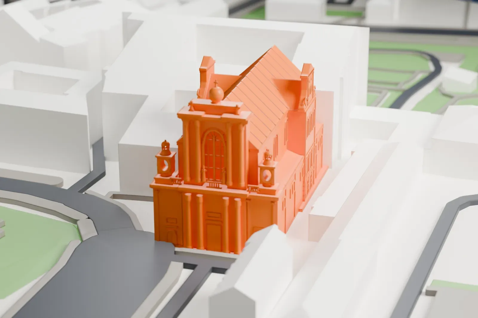 A white 3D print of the Carmelite Church on Krakowskie Przedmieście in Warsaw, standing among surrounding city buildings.