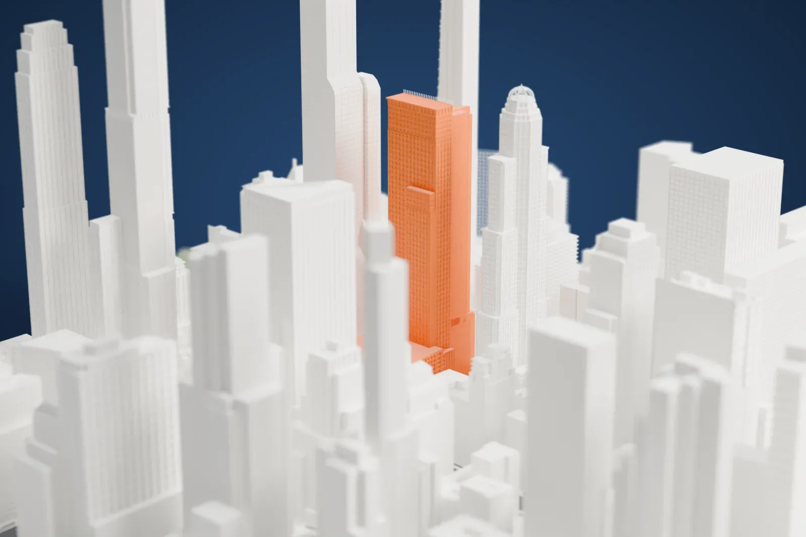A white 3D print of Carnegie Hall Tower, a very slender tall tower with a gridded facade, wedged between taller and bulkier skyscrapers in Midtown.