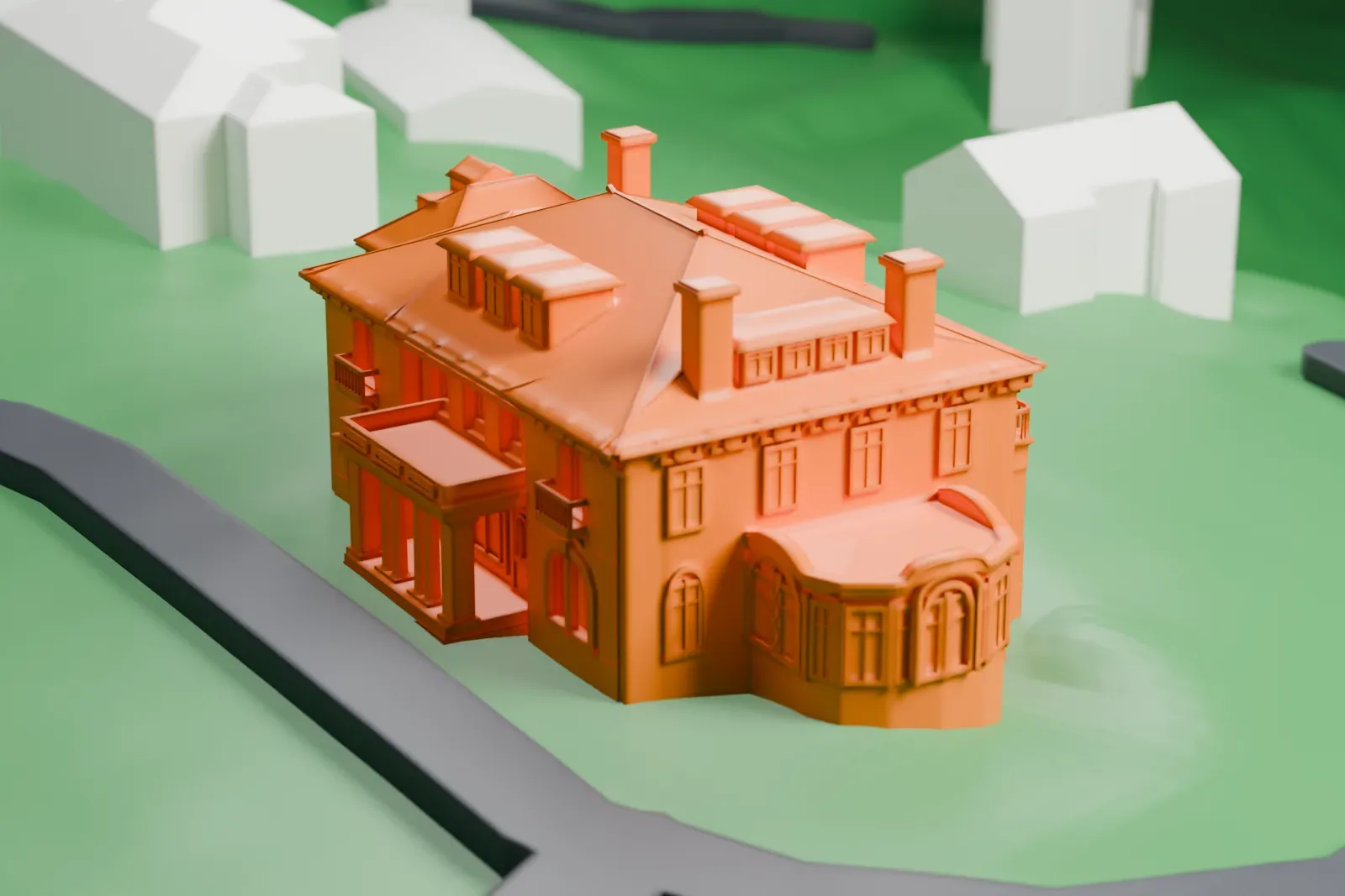 A white 3D print of Casa Belvedere, a hip-roofed mansion with dormers and a columned portico, standing on a lawn with curving driveways around it.