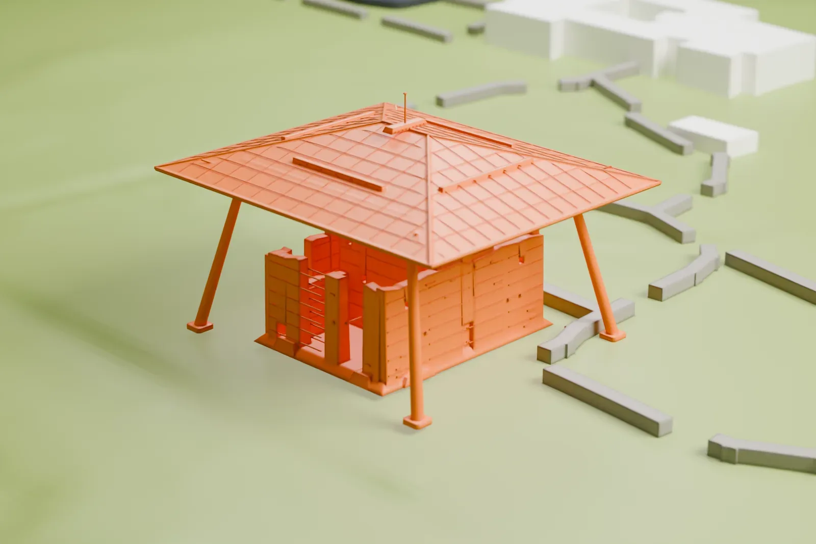A white 3D print of the Casa Grande Ruins, a weathered block with horizontal courses under a wide hipped roof on slender posts, with low wall segments around it on open ground.