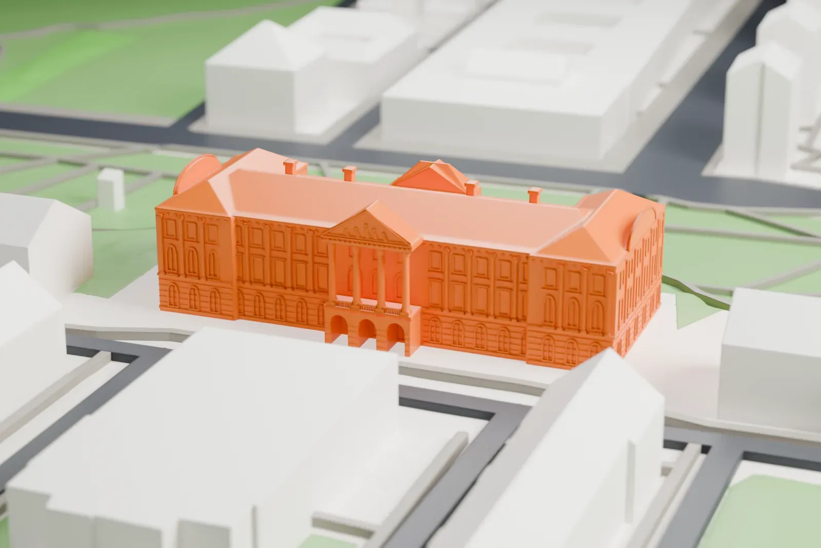 A white 3D print of the Casimir Palace, a wide palace with a long facade, a hipped roof and a columned portico, standing among the buildings along Warsaw's Royal Route.