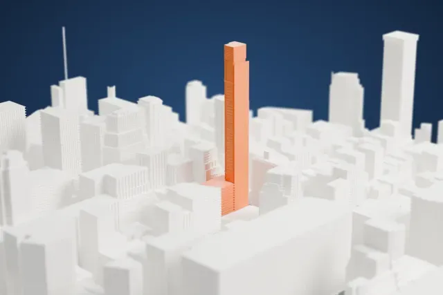 A white 3D print of the Casoni model in New York, with the streets around it.