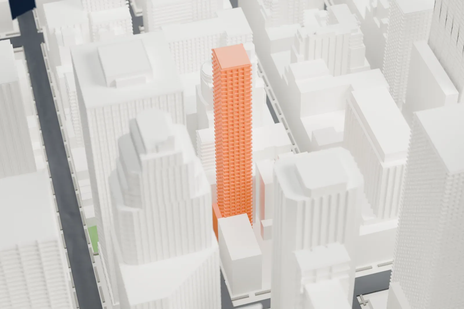 A white 3D print of the Cassa Hotel, a slim, tall tower with small recesses in its walls, rising among larger high-rise buildings.