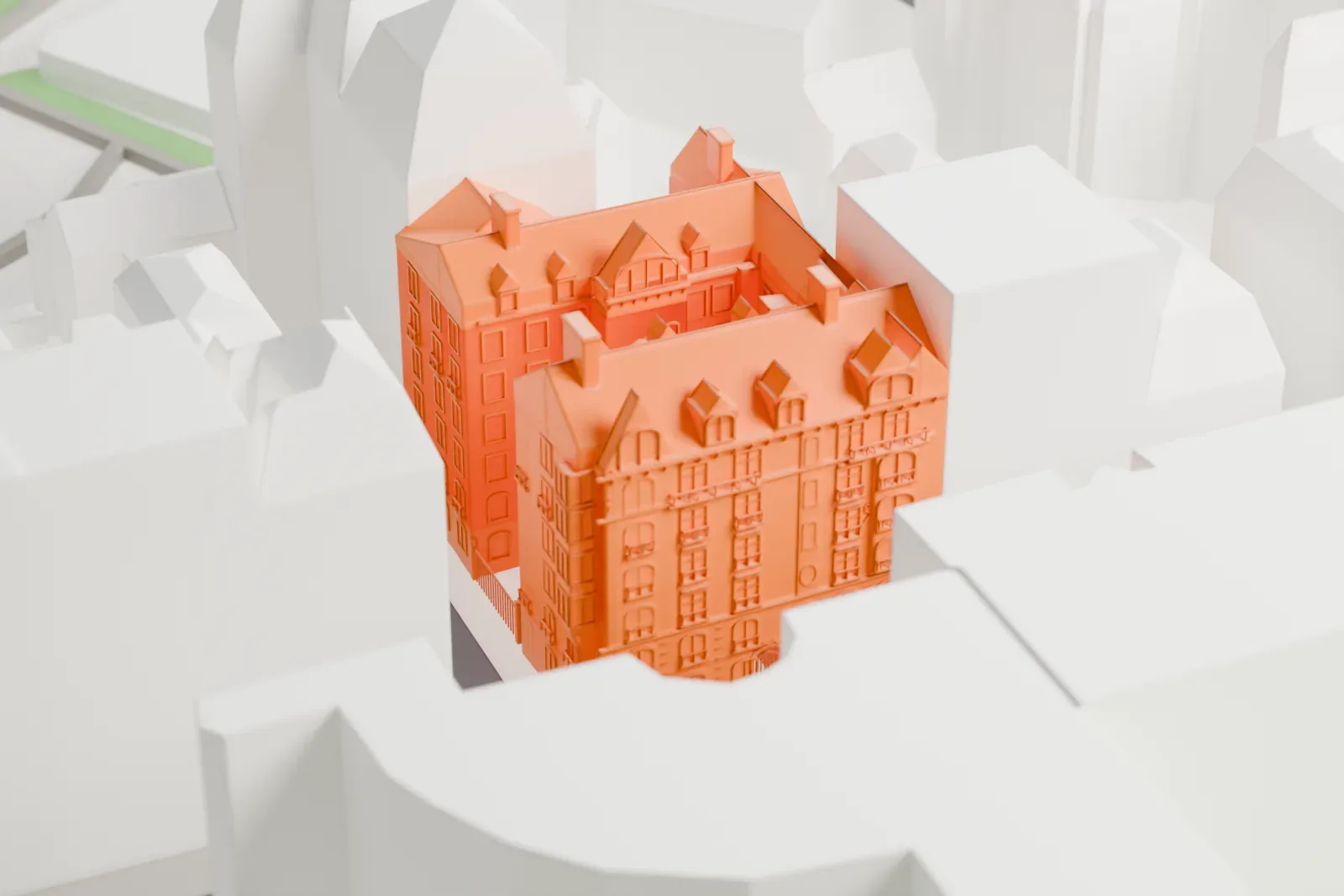 A white 3D print of the Castel Béranger, an Art Nouveau apartment building with an ornate facade, among the surrounding city buildings.