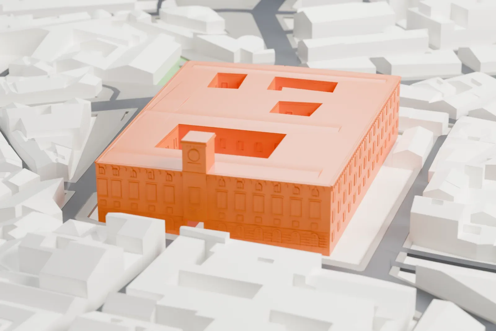 A white 3D print of Castel Capuano, a castle building among the surrounding streets and buildings.