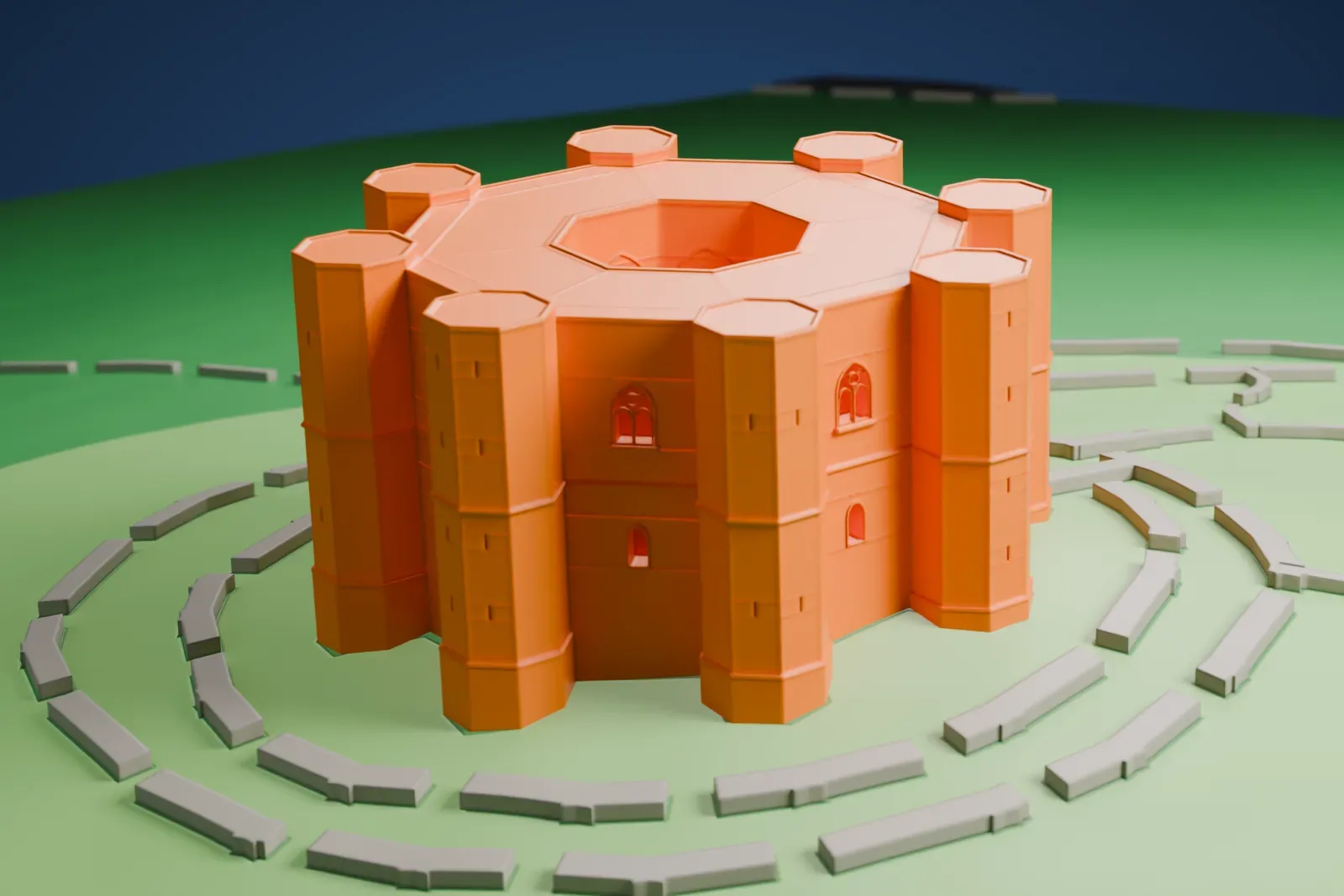 A white 3D print of Castel del Monte, an eight-sided castle with a tower at each corner and an open eight-sided courtyard, standing on a green hillside with curving paths around it.