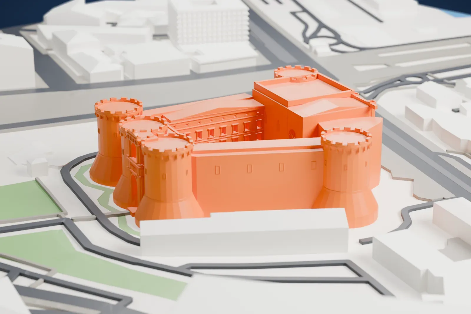 A white 3D print of Castel Nuovo in Naples, with the surrounding streets and buildings.