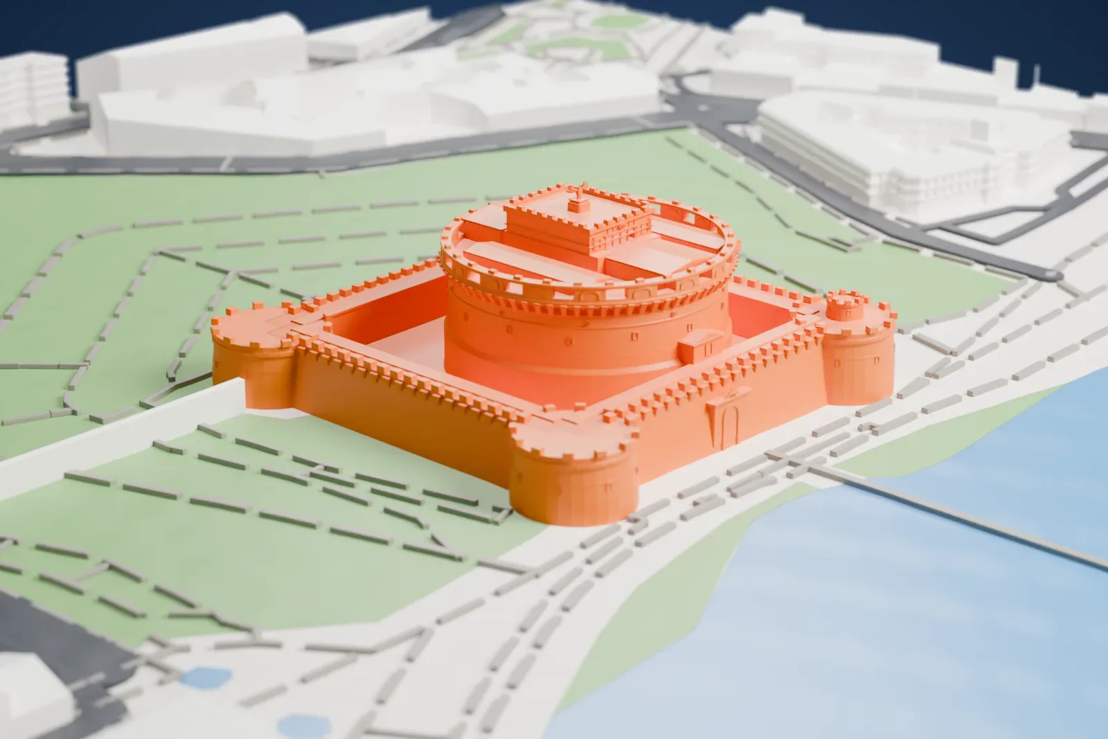 A white 3D print of Castel Sant'Angelo, a round drum inside a square fortress with four round corner bastions, standing in parkland beside a river.