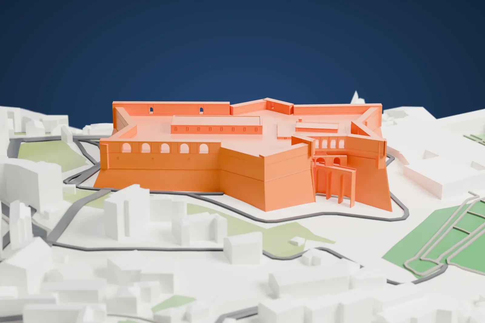 A white 3D print of Castel Sant'Elmo with the surrounding city streets and buildings.