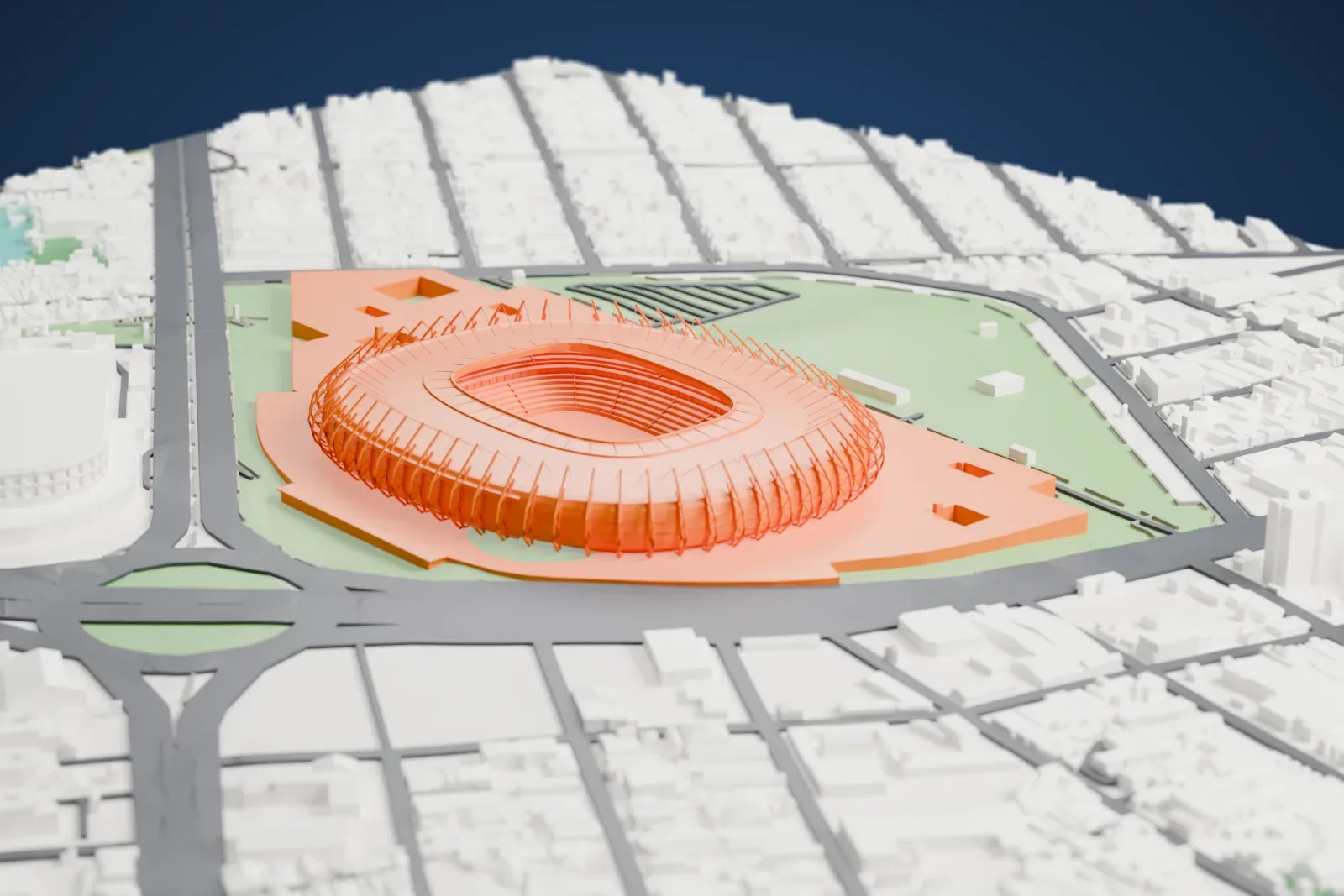 A white 3D print of the Castelão, a round stadium with a sloping roof ring and a crown of tall steel portals, set on a broad raised plaza among city buildings.