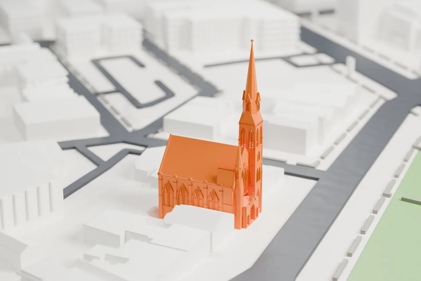 A white 3D print of Catedral Evangelica Reformada, a pointed-roof church with a tall square tower and slender spire, beside a green park and surrounded by buildings.