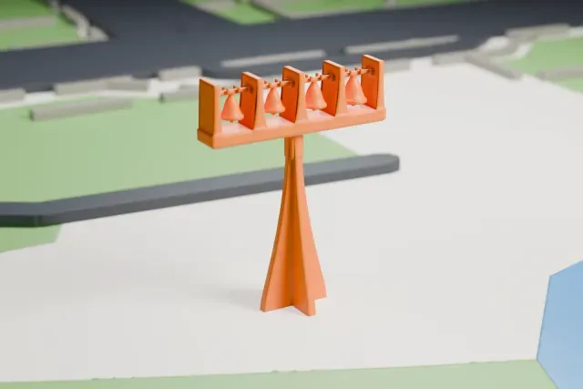 A white 3D print of the Cathedral of Brasília Bell Tower model in Brasília, with the streets around it.