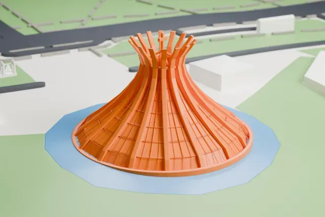 A white 3D print of the Cathedral of Brasília, a cone-shaped crown of curved ribs ringed by a pool, with lawns, paths and a bell tower nearby.