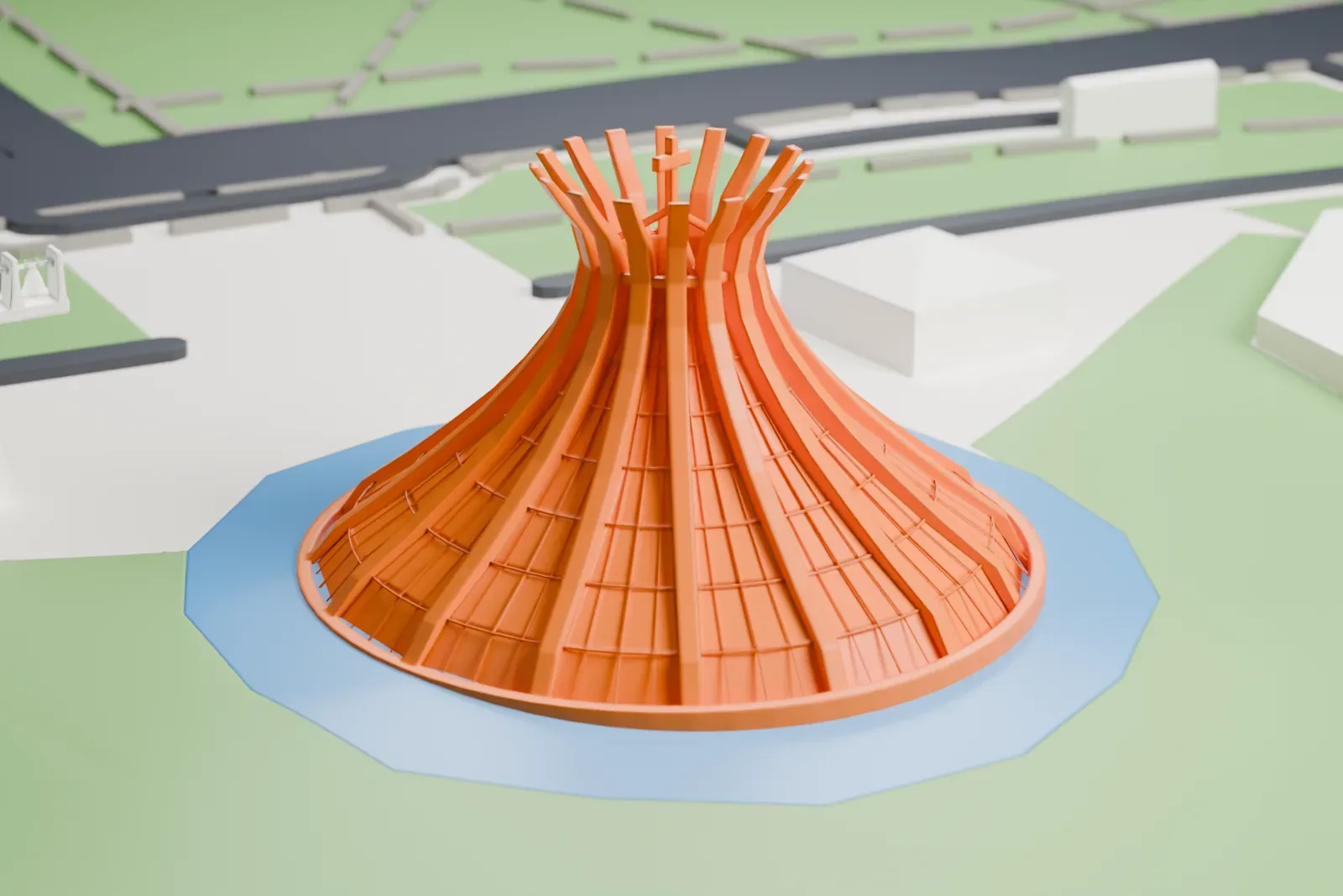 A white 3D print of the Cathedral of Brasília, a cone-shaped crown of curved ribs ringed by a pool, with lawns, paths and a bell tower nearby.