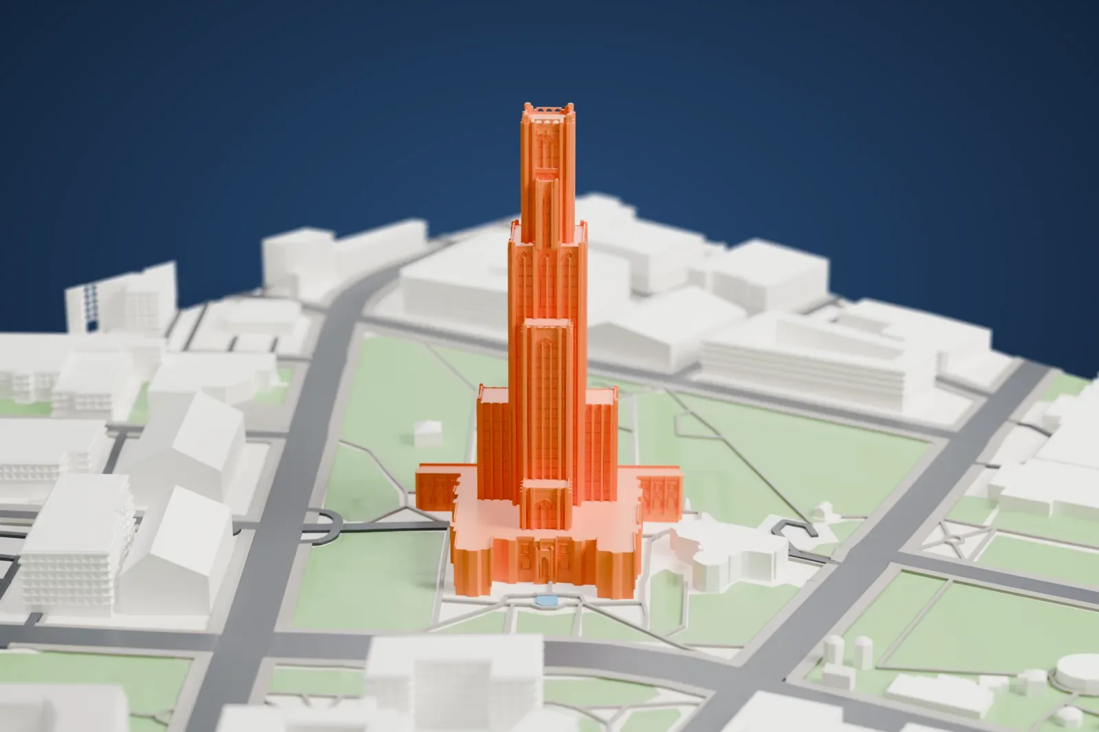 A white 3D print of the Cathedral of Learning, a stepped Gothic tower rising from a broad base, set among surrounding campus buildings.