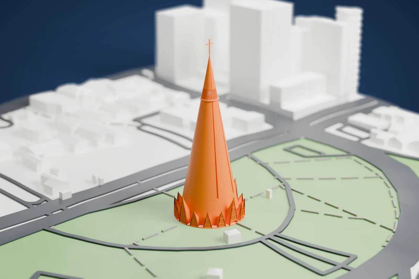 A white 3D print of the Cathedral of Maringá, a tall smooth cone with a ring of pointed openings at its base and a slim cross on top, set in a green plaza ringed by roads.