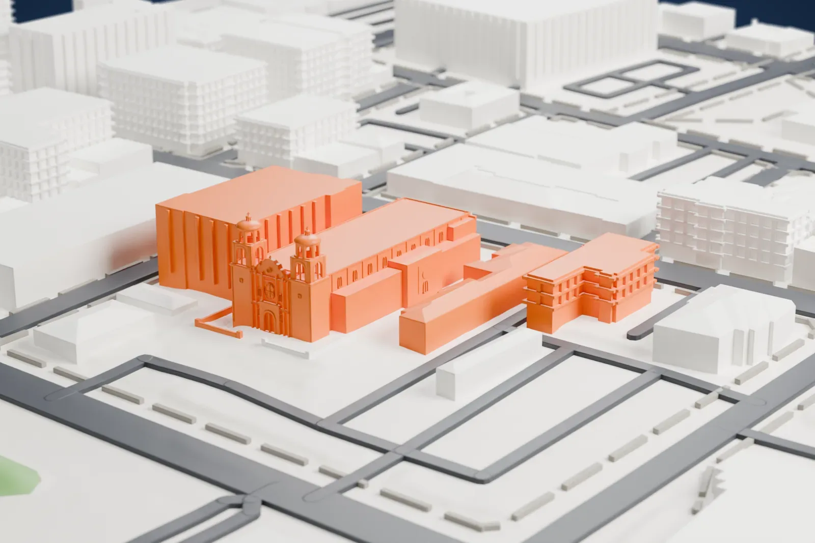 A white 3D print of the Cathedral of Saint Augustine, a long church with two domed towers and an ornate front gable, surrounded by city buildings and streets.