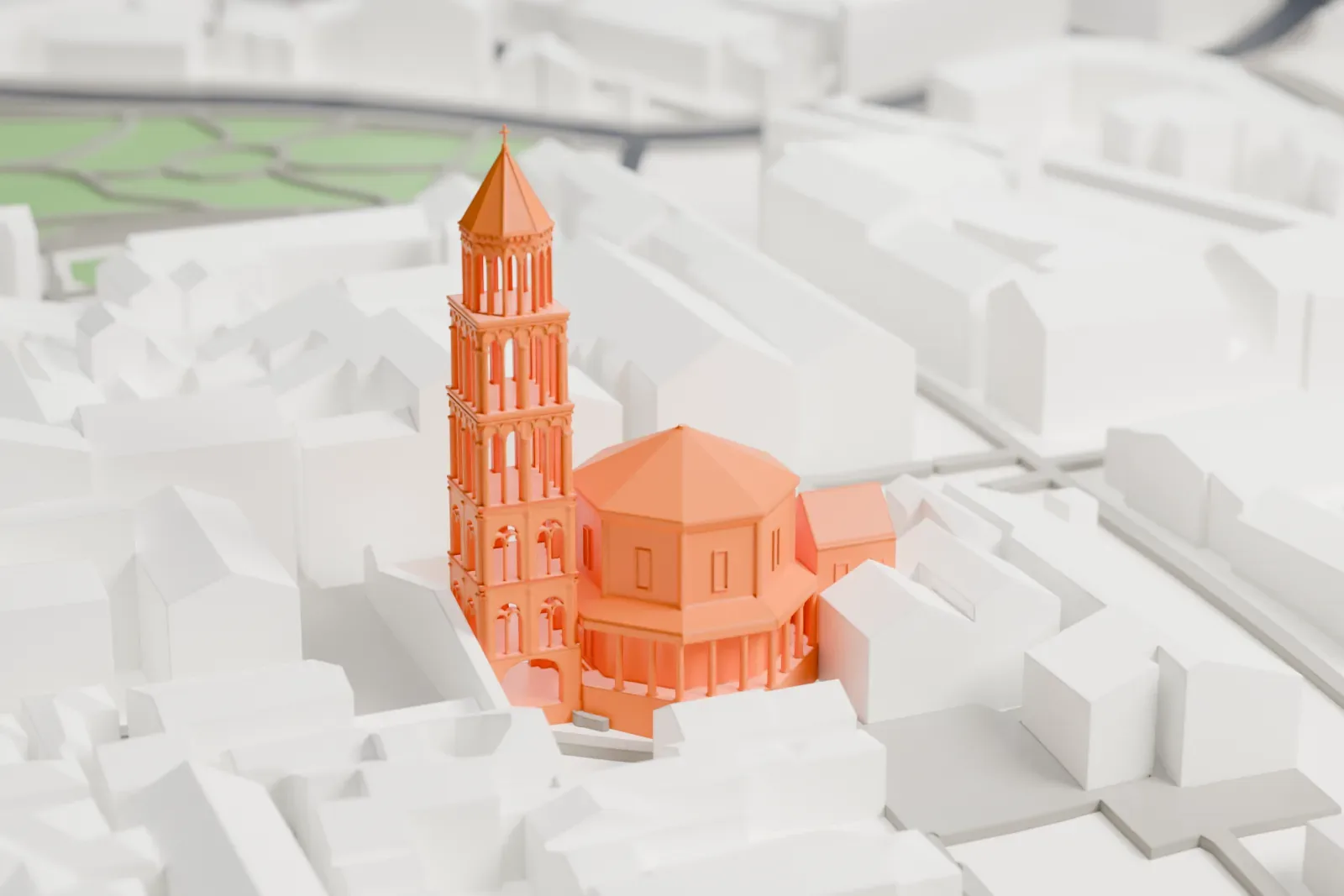 A white 3D print of the Cathedral of Saint Domnius, an octagonal church with a tall bell tower, standing among the surrounding buildings of Split.