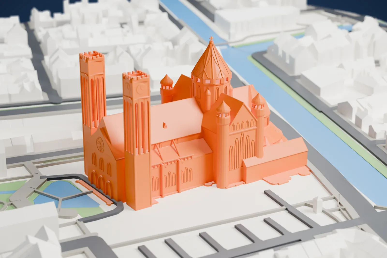 A white 3D print of the Cathedral of St Bavo, Haarlem among the surrounding streets and buildings.