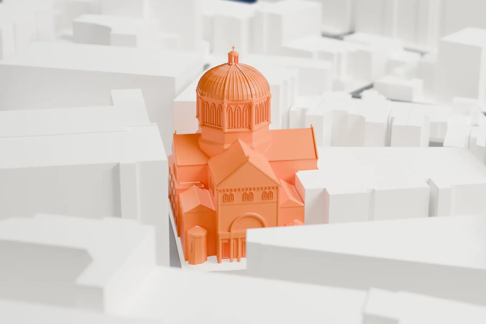 A white 3D print of the Cathedral of St. Matthew the Apostle in Washington, D.C., standing among the surrounding streets and buildings.