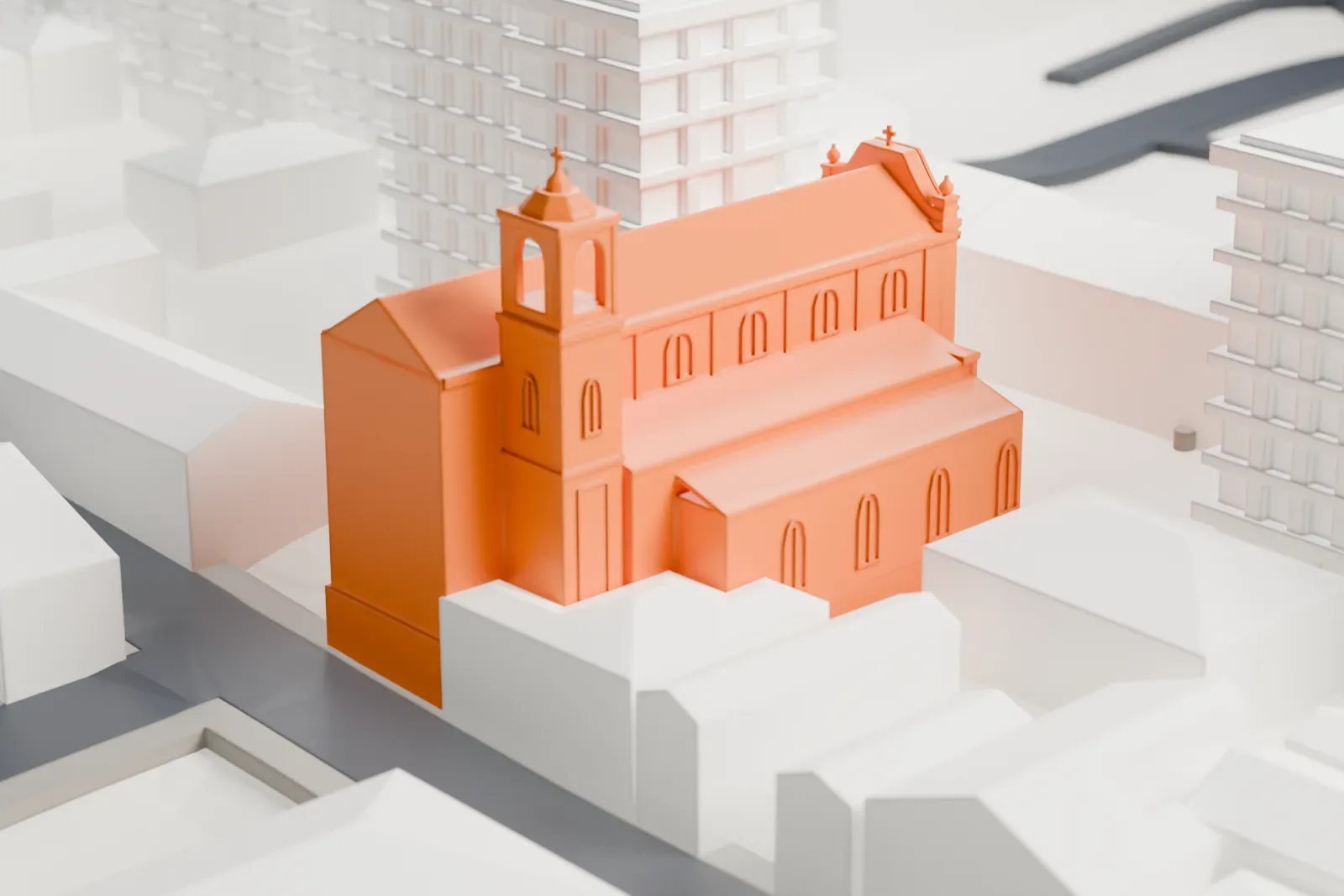 A white 3D print of the Cathedral of the Holy Spirit among the surrounding streets and buildings.