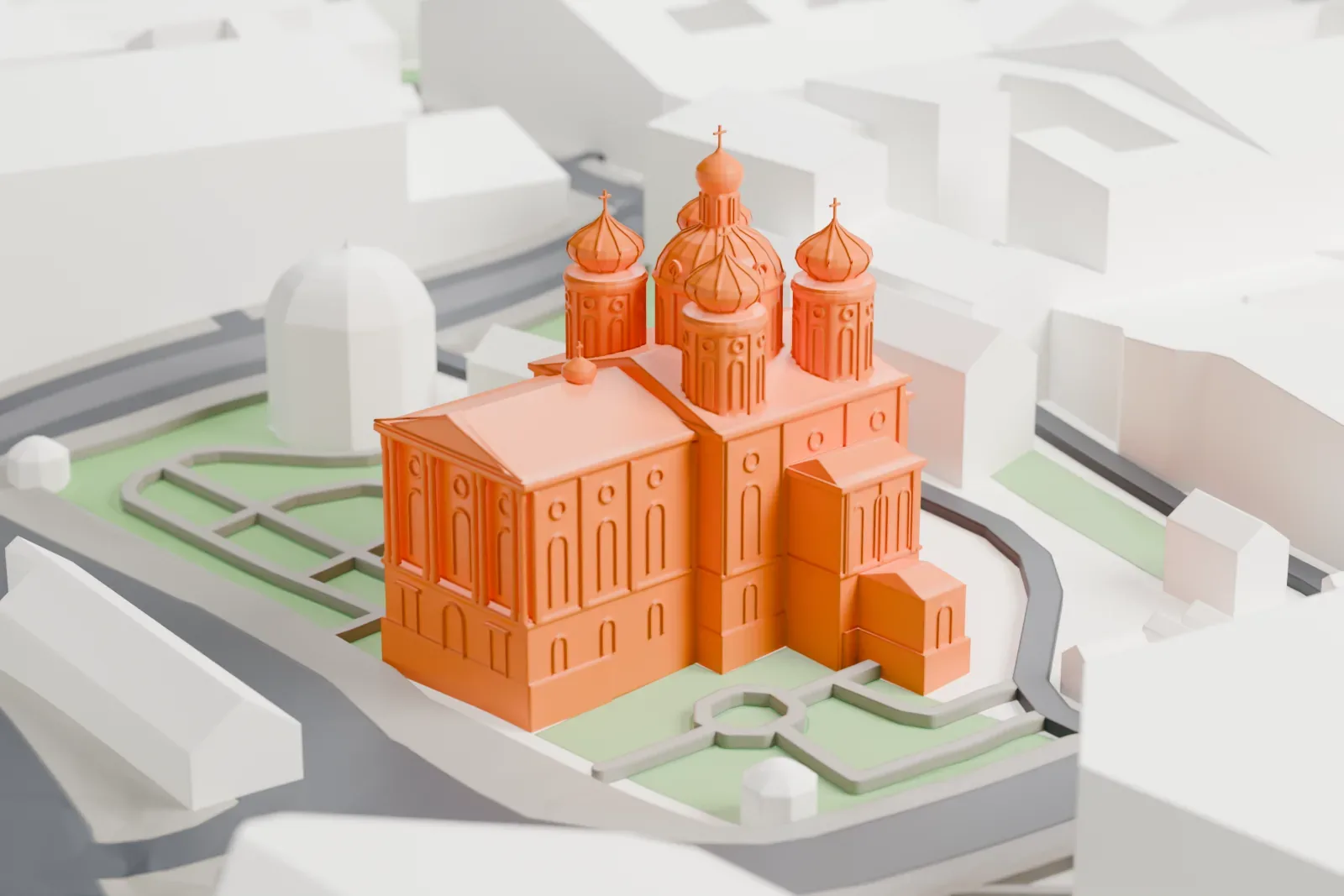 A white 3D print of the Cathedral of the Vladimir Icon among surrounding streets and buildings.