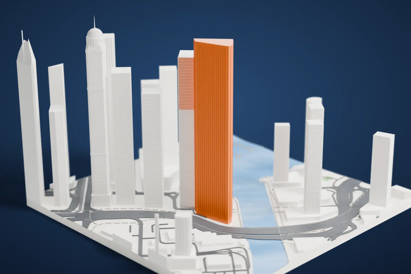 A white 3D print of Cayan Tower, a slim skyscraper that twists as it rises, standing at the water's edge among other tall towers.