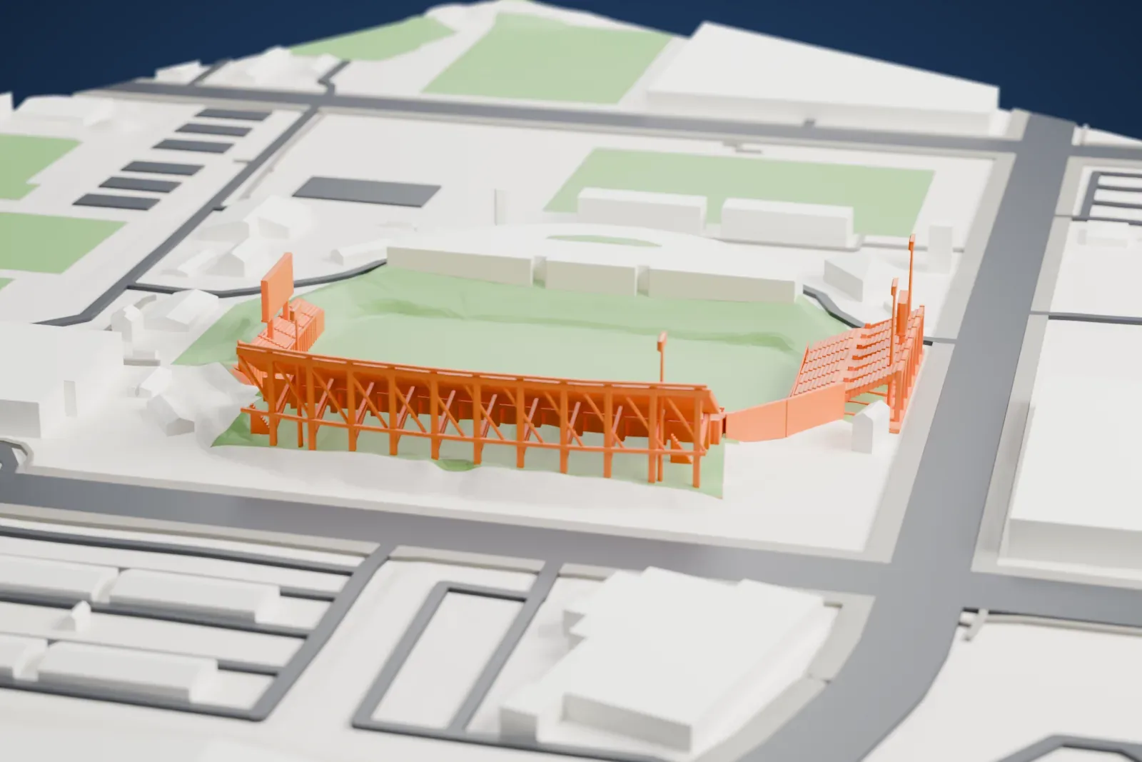 A white 3D print of CEFCU Stadium, with a tall two-tier west grandstand and an open field, among surrounding streets and buildings.
