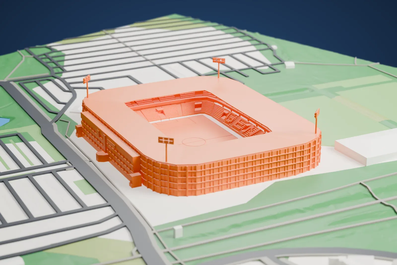 A white 3D print of the Cegeka Arena, an open stadium bowl with two seating tiers, a shallow roof and four corner floodlights, among surrounding streets and buildings.