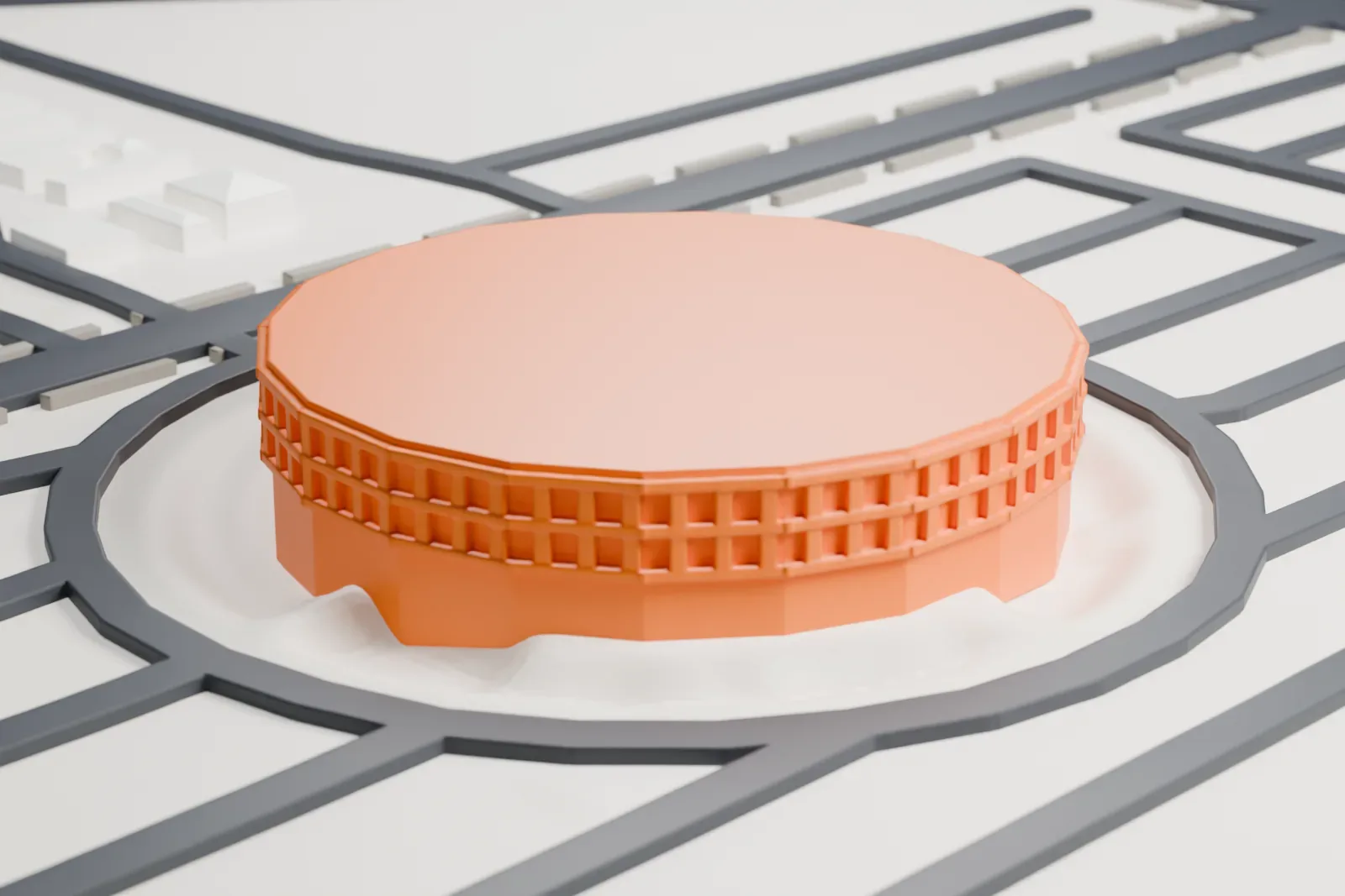 A white 3D print of Celebrity Theatre, a round, flat-roofed theater with radial ribs on its roof, ringed by a loop road and a grid of streets.