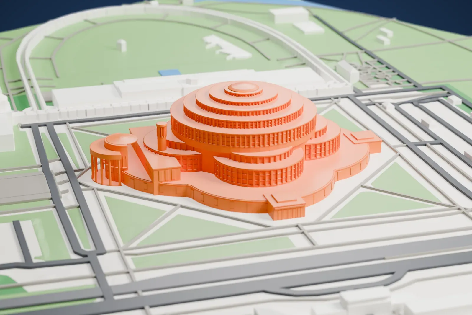 A white 3D print of Centennial Hall, a domed hall with stepped circular roof tiers, among the surrounding streets and buildings of Wrocław.