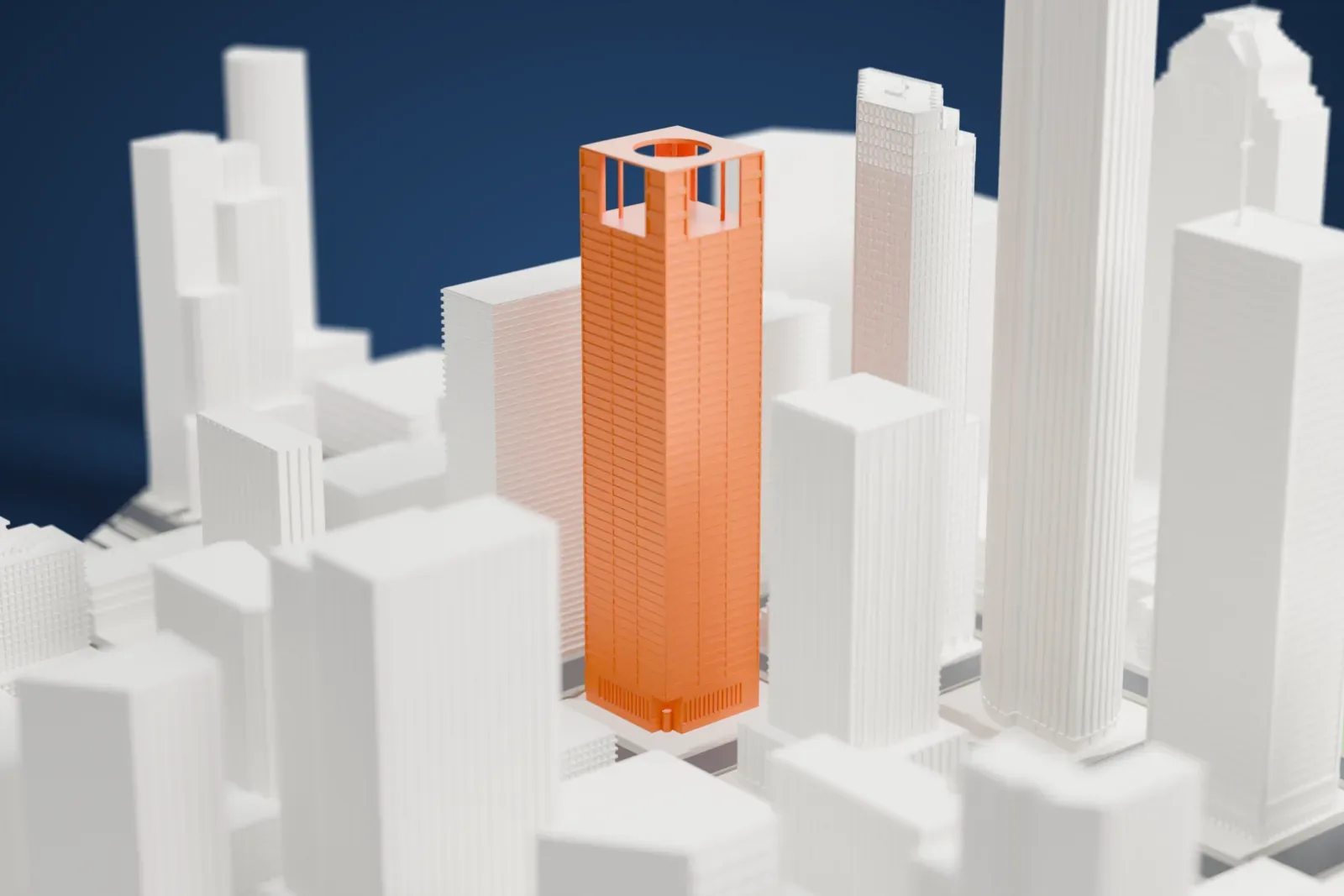 A white 3D print of CenterPoint Energy Plaza with the surrounding streets and buildings.