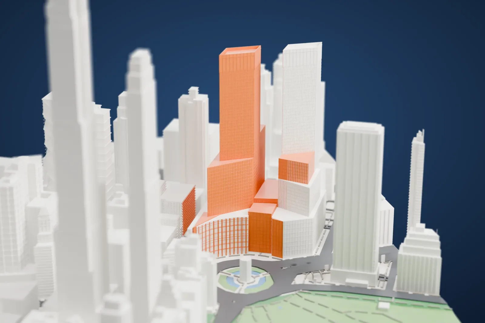 A white 3D print of Central Park Place, a slim tower with stepped upper floors and rows of windows, packed in among many other tall buildings.