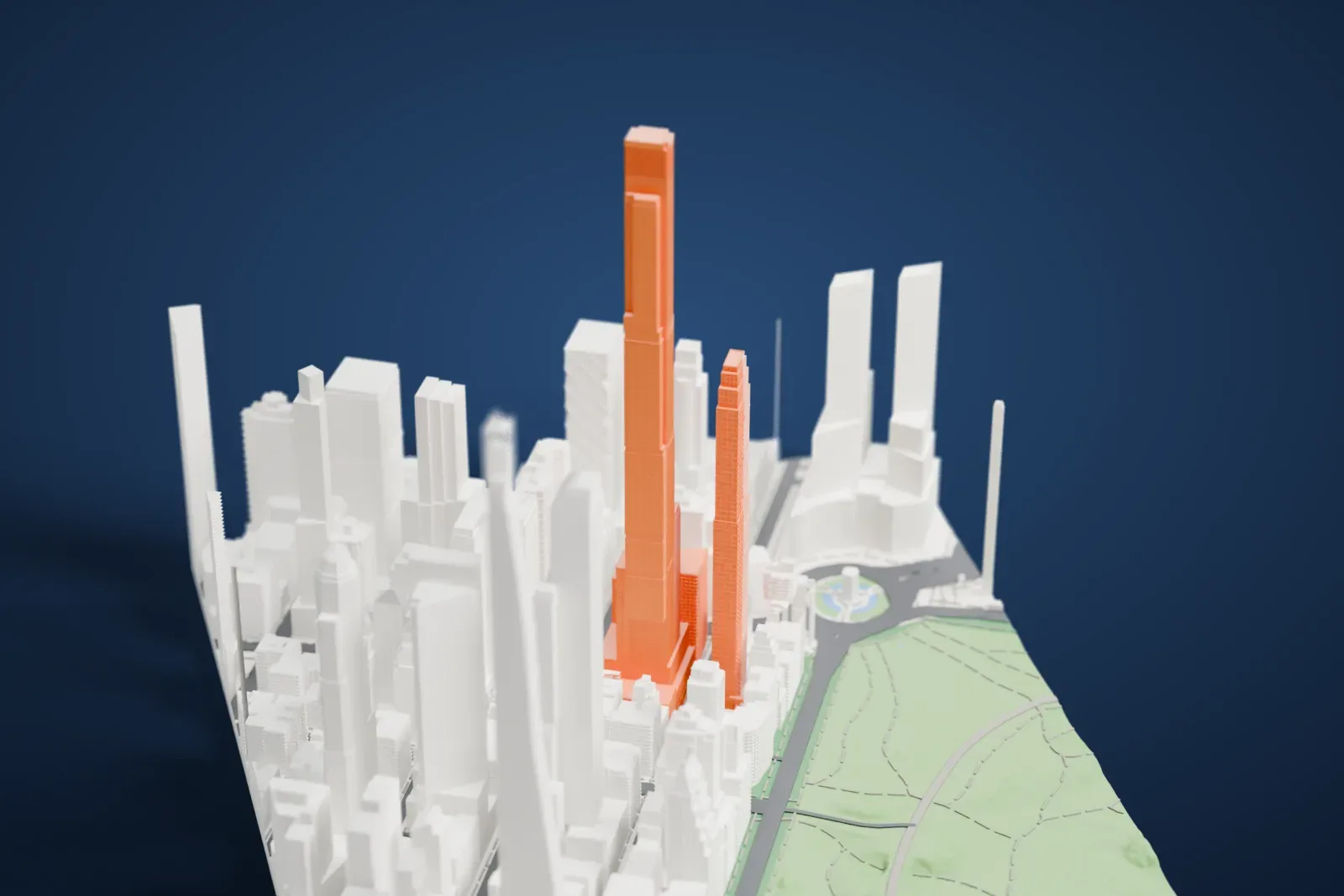 A white 3D print of Central Park Tower, a very tall, slim tower with small stepped setbacks, rising above the dense towers of Midtown Manhattan with a green park beyond.