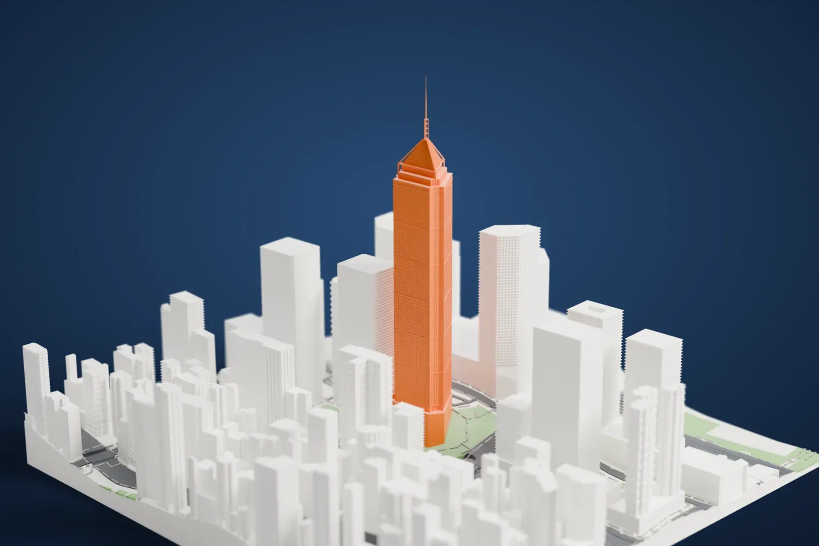 A white 3D print of Central Plaza, a tall tower with a pyramid-shaped top and a thin mast, rising above a crowd of surrounding skyscrapers.