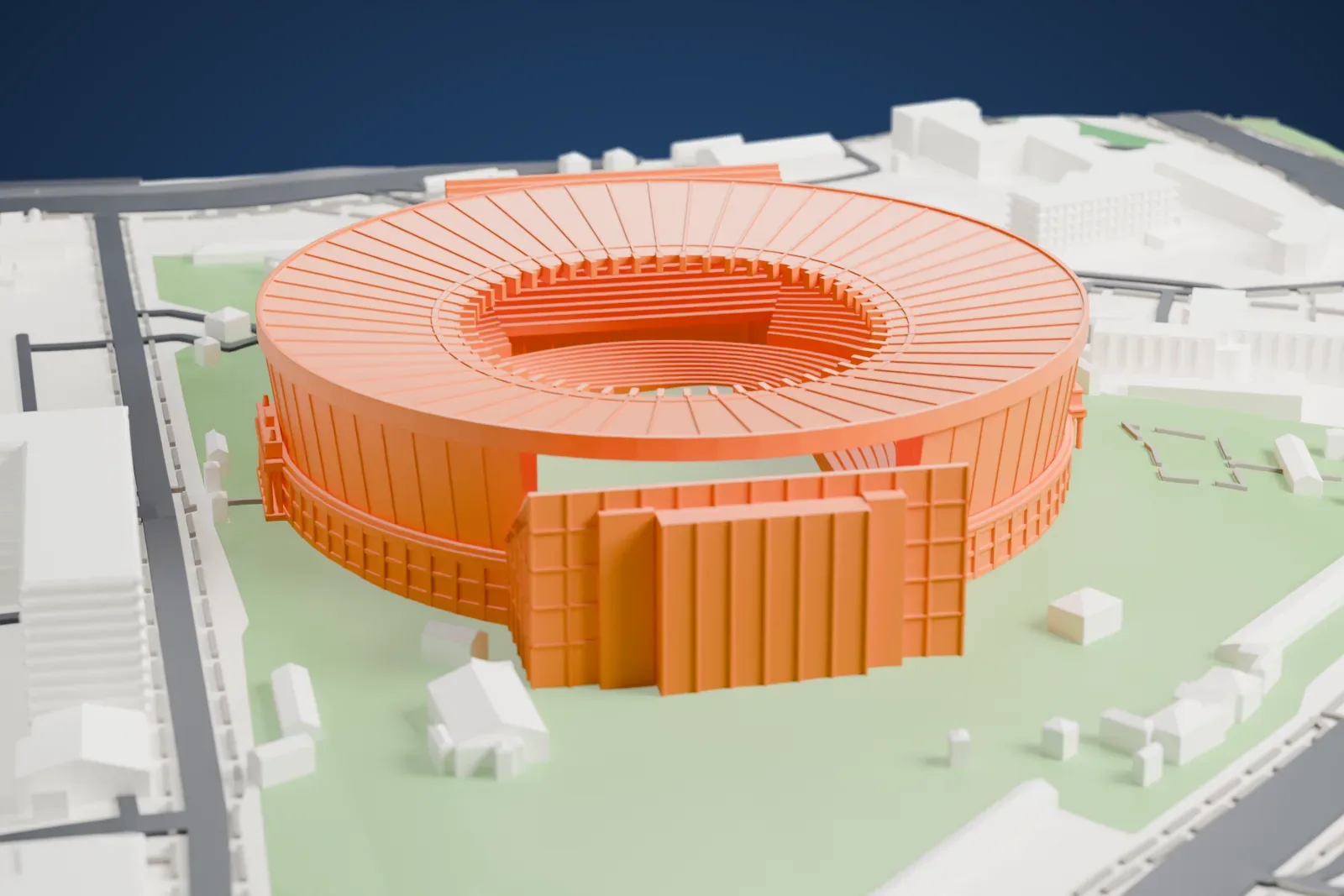 A white 3D print of Yekaterinburg Arena, a round stadium with a funnel roof and two steep stands projecting from its ends, among surrounding buildings.