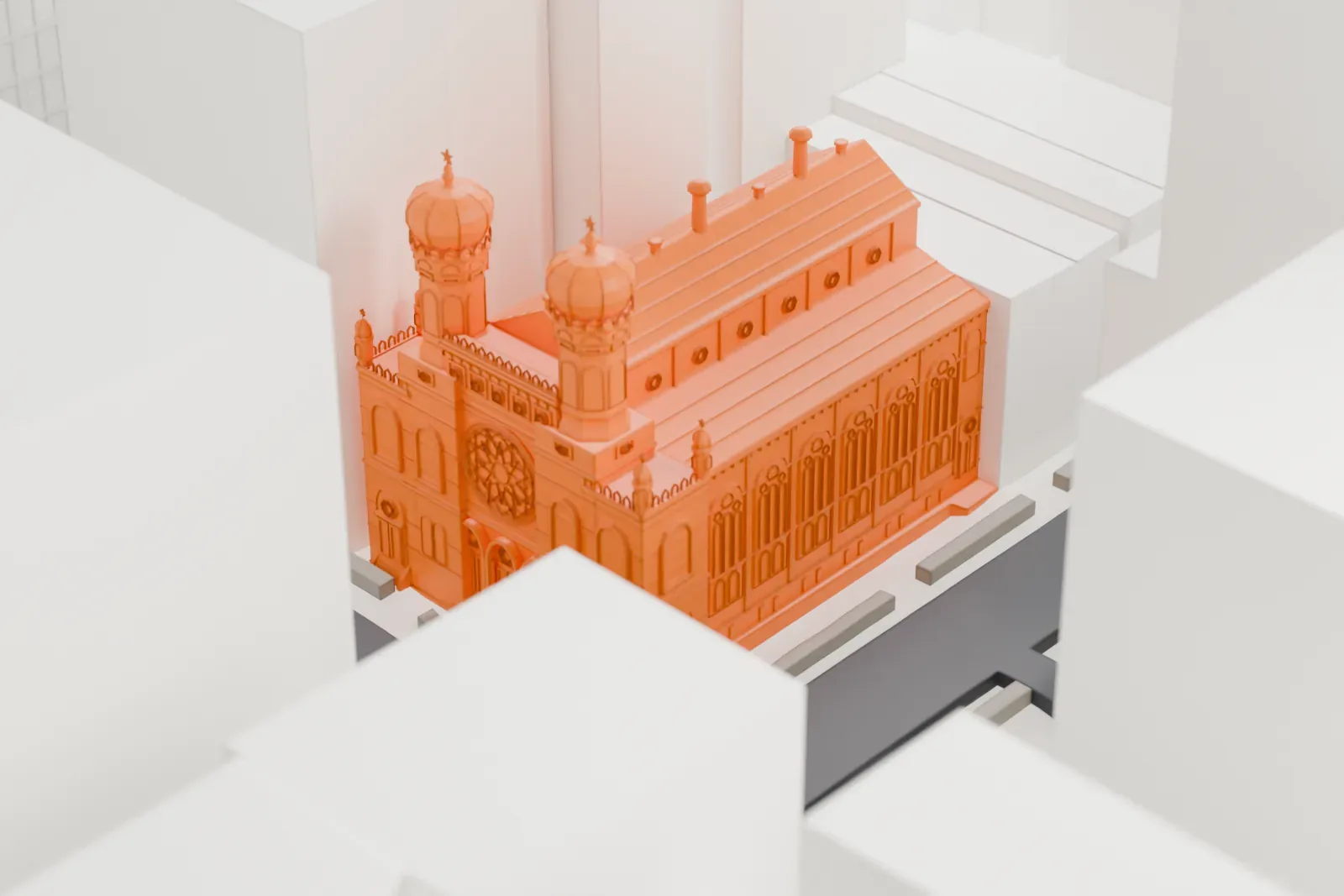 A white 3D print of Central Synagogue, a building with domed towers, closely surrounded by much taller Midtown buildings.