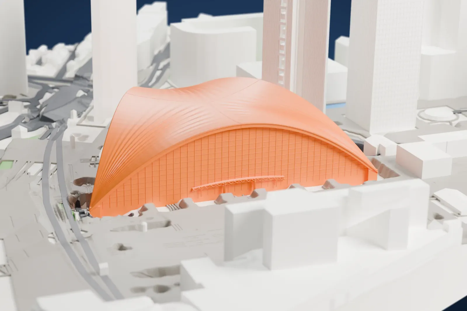 A white 3D print of the CNIT, its triangular shell among the surrounding buildings of La Défense.