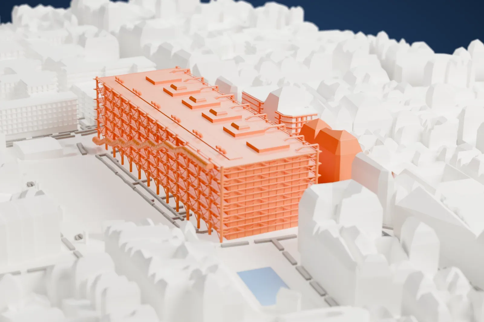 A white 3D print of the Centre Pompidou, a long rectangular building wrapped in an exposed frame of braces and tubes, standing beside an open plaza among dense blocks of buildings.