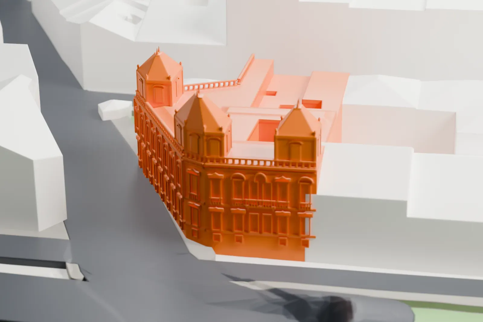 A white 3D print of the Cerralbo Museum, a 19th-century museum building among surrounding city buildings.