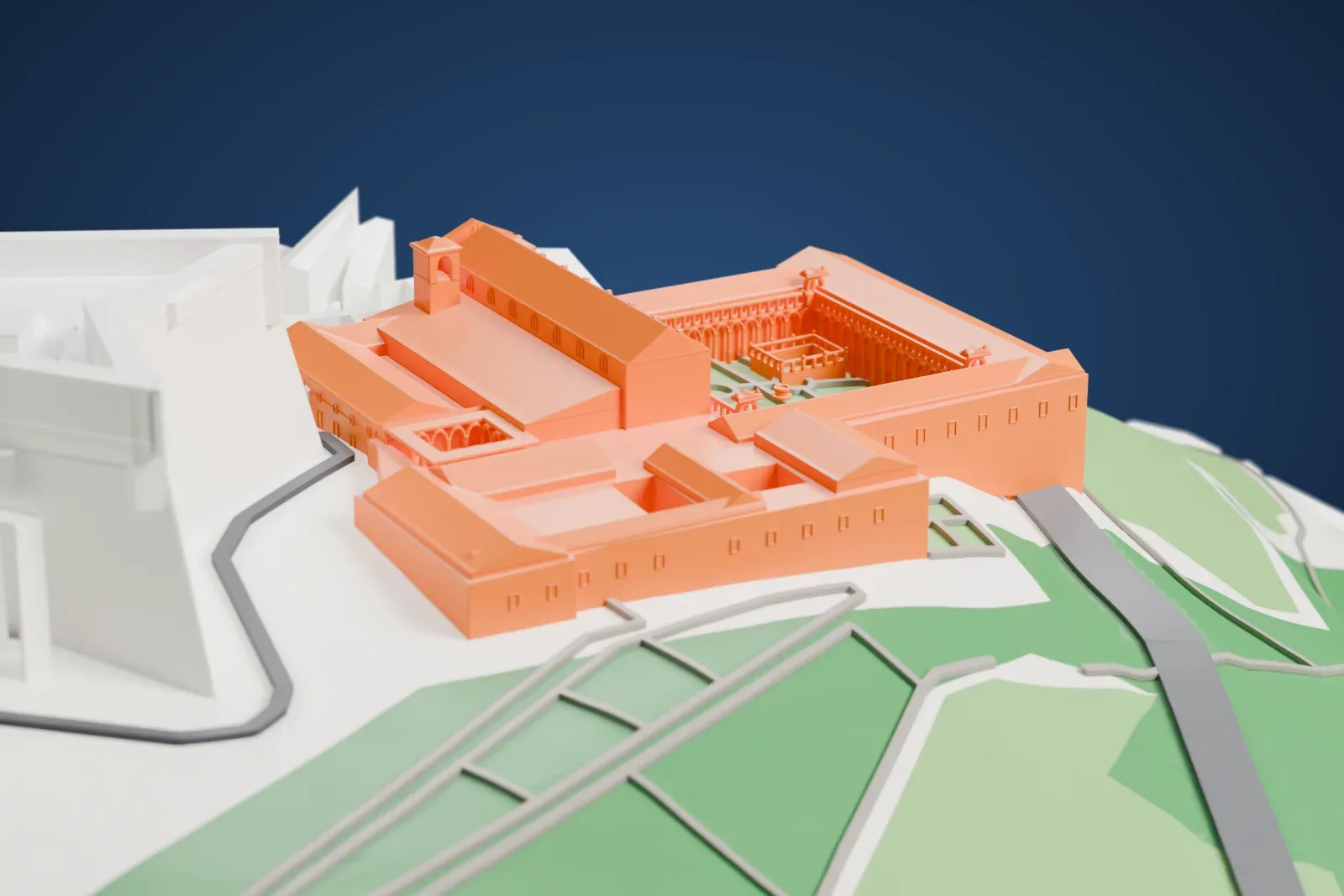 A white 3D print of the Certosa di San Martino among the surrounding streets and buildings.