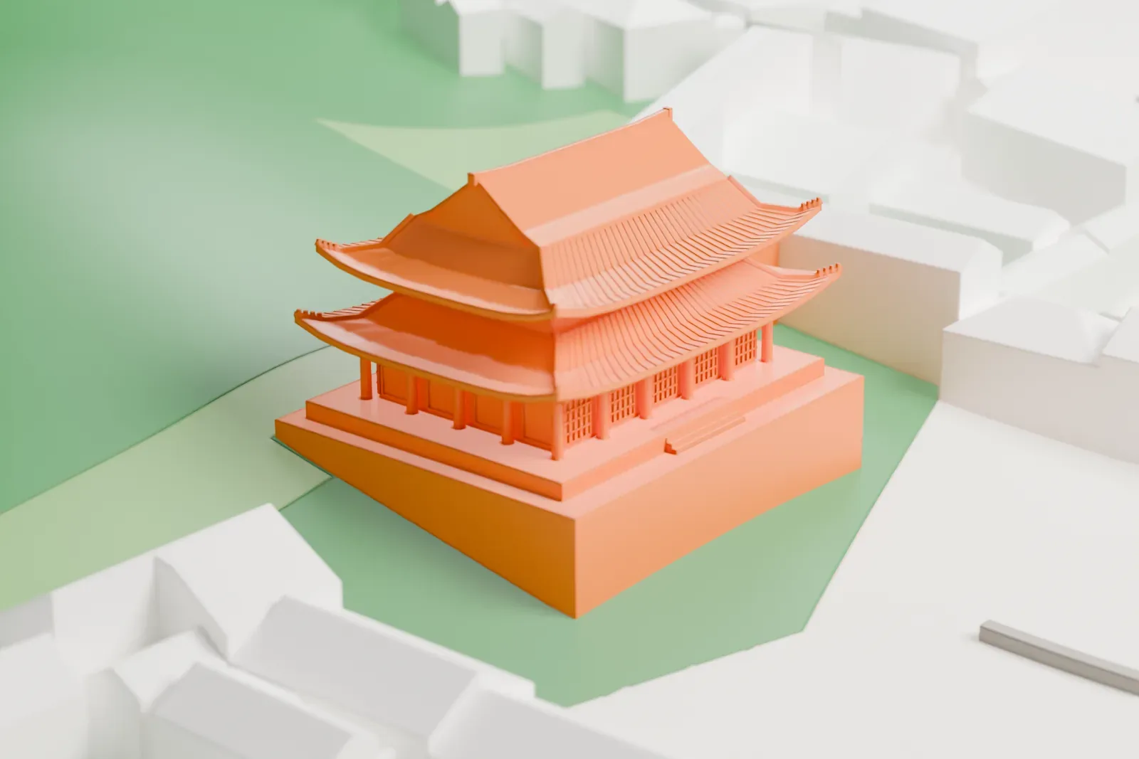A white 3D print of a Changdeokgung hall with two tiers of upswept tiled roofs on a stepped platform, standing on a green lawn among low buildings.