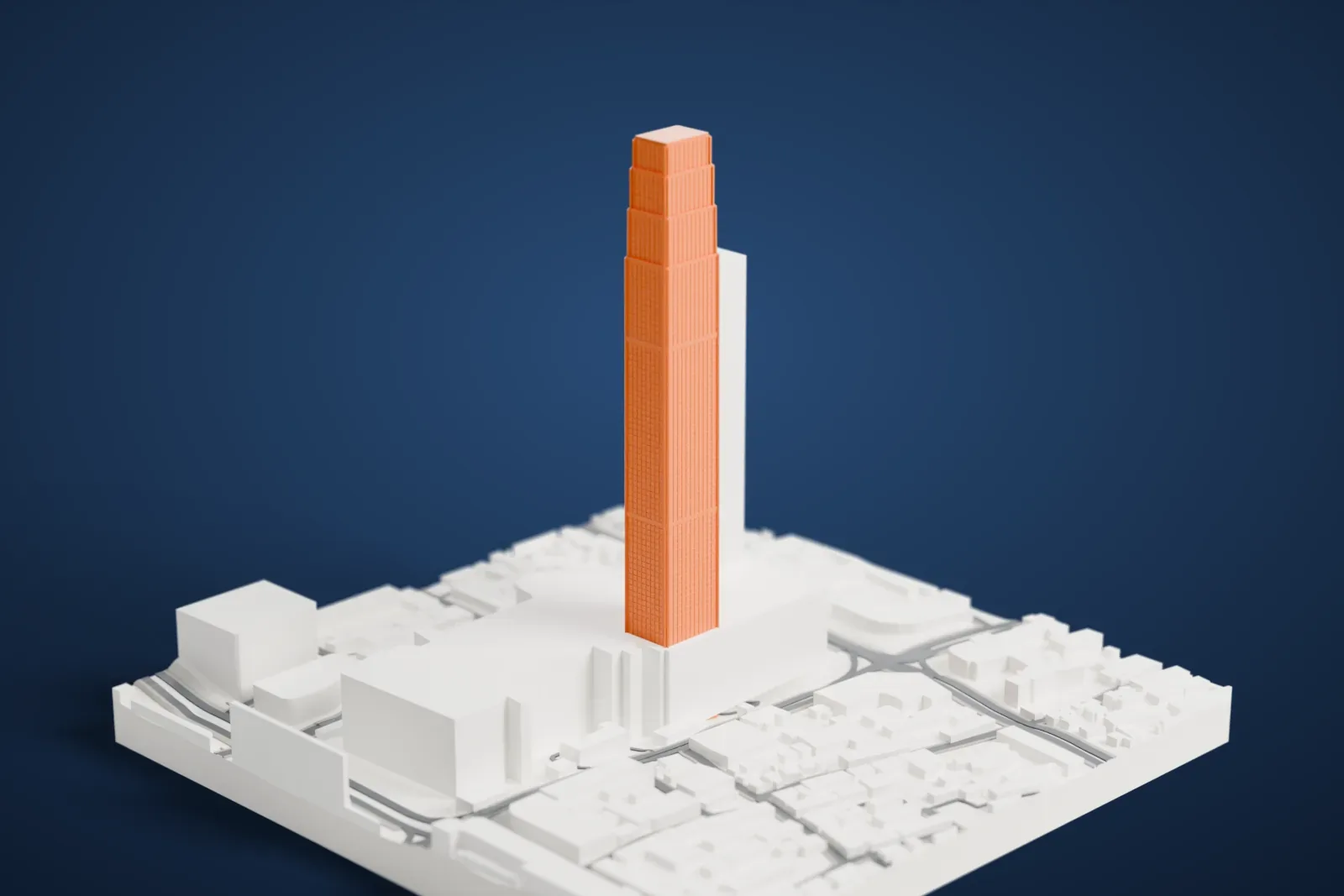 A white 3D print of Changsha IFS Tower, a tall tower rising among the surrounding streets and buildings.