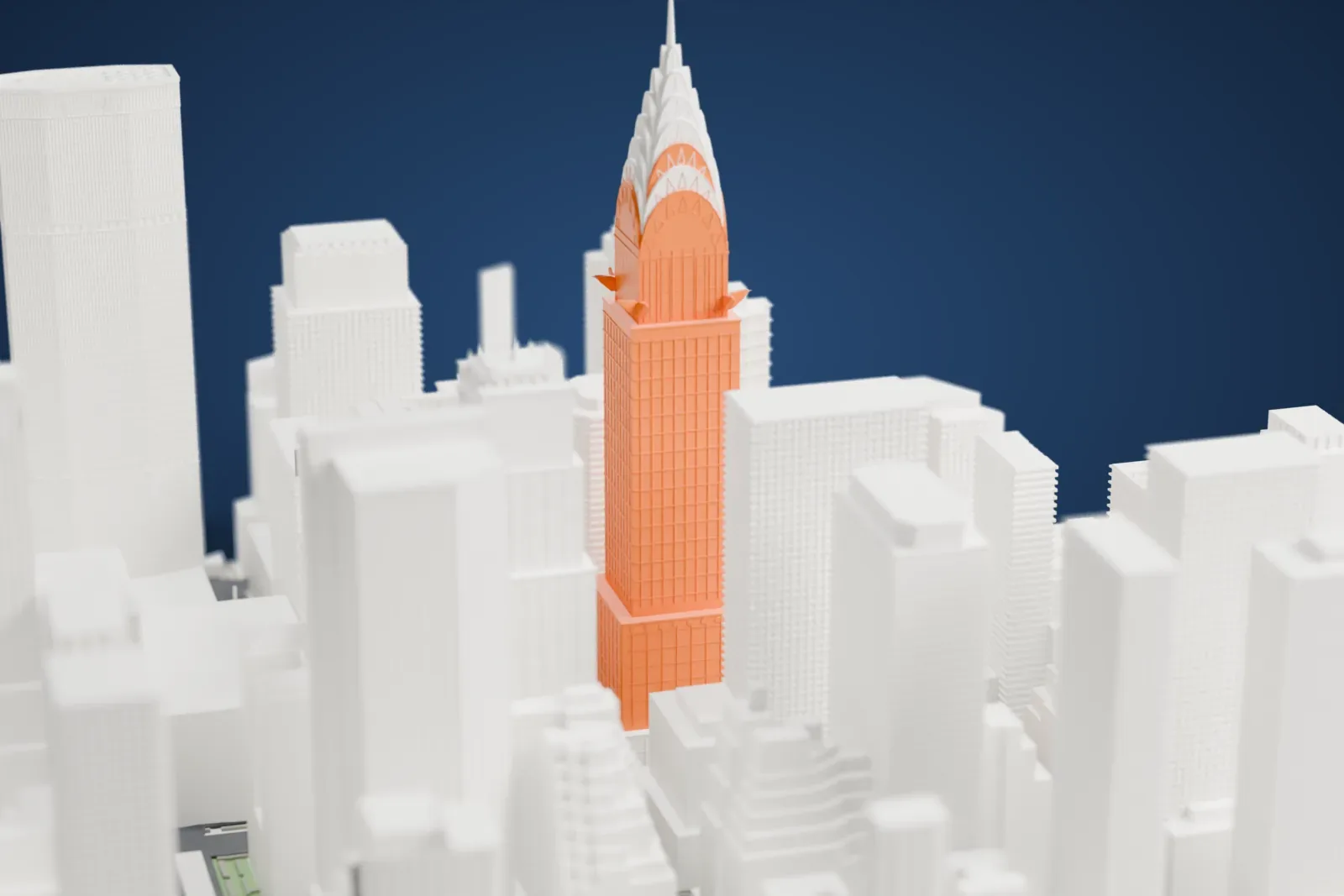A white 3D print of the Chanin Building, a tall stepped tower with setbacks and a crown of small pinnacles, standing among dense skyscrapers.